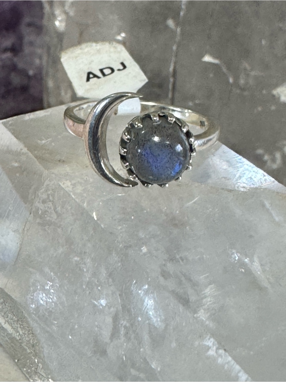 Blue Labradorite Crescent Moon Sterling Silver Ring - Adj 7 - 8